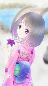 Preview wallpaper girl, kimono, flower, anime, art