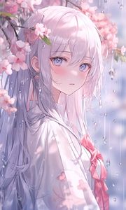 Preview wallpaper girl, kimono, flowers, sakura, rain, anime