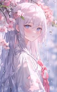 Preview wallpaper girl, kimono, flowers, sakura, rain, anime