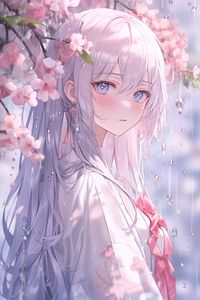 Preview wallpaper girl, kimono, flowers, sakura, rain, anime