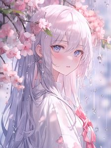 Preview wallpaper girl, kimono, flowers, sakura, rain, anime