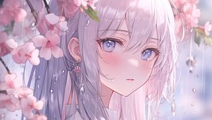 Preview wallpaper girl, kimono, flowers, sakura, rain, anime