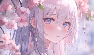 Preview wallpaper girl, kimono, flowers, sakura, rain, anime