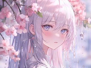 Preview wallpaper girl, kimono, flowers, sakura, rain, anime