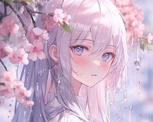 Preview wallpaper girl, kimono, flowers, sakura, rain, anime