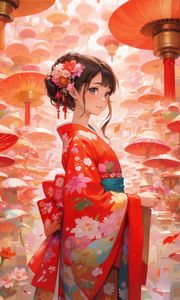 Preview wallpaper girl, kimono, flowers, mushrooms, anime, art