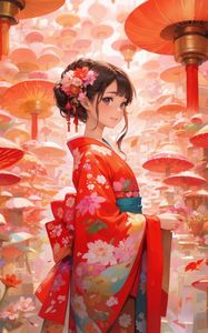 Preview wallpaper girl, kimono, flowers, mushrooms, anime, art