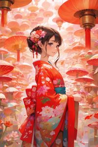 Preview wallpaper girl, kimono, flowers, mushrooms, anime, art