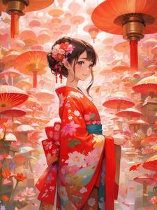 Preview wallpaper girl, kimono, flowers, mushrooms, anime, art