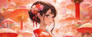 Preview wallpaper girl, kimono, flowers, mushrooms, anime, art