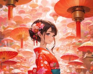 Preview wallpaper girl, kimono, flowers, mushrooms, anime, art