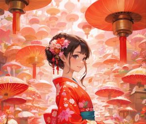 Preview wallpaper girl, kimono, flowers, mushrooms, anime, art