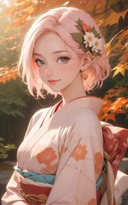 Preview wallpaper girl, kimono, flowers, decorations, autumn, art, anime
