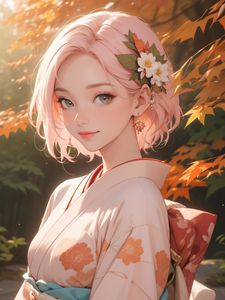 Preview wallpaper girl, kimono, flowers, decorations, autumn, art, anime