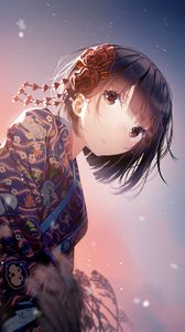 Preview wallpaper girl, kimono, flowers, glance, anime