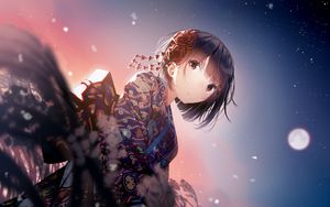 Preview wallpaper girl, kimono, flowers, glance, anime