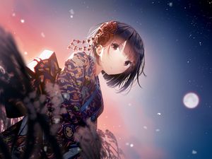 Preview wallpaper girl, kimono, flowers, glance, anime