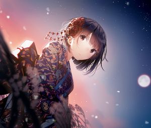 Preview wallpaper girl, kimono, flowers, glance, anime