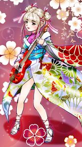 Preview wallpaper girl, kimono, flowers, guitar, anime