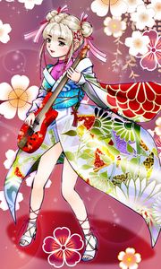 Preview wallpaper girl, kimono, flowers, guitar, anime