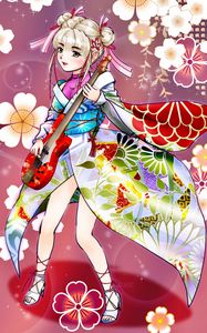 Preview wallpaper girl, kimono, flowers, guitar, anime