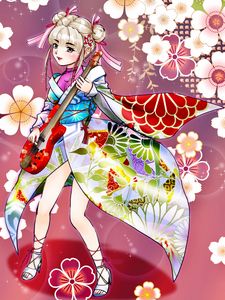 Preview wallpaper girl, kimono, flowers, guitar, anime