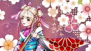 Preview wallpaper girl, kimono, flowers, guitar, anime