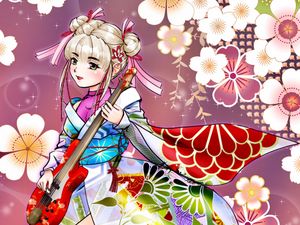 Preview wallpaper girl, kimono, flowers, guitar, anime