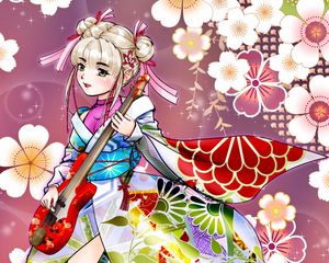 Preview wallpaper girl, kimono, flowers, guitar, anime