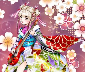 Preview wallpaper girl, kimono, flowers, guitar, anime