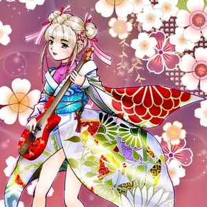 Preview wallpaper girl, kimono, flowers, guitar, anime