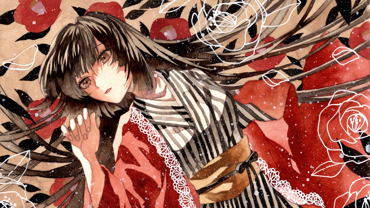 Wallpaper girl, kimono, flowers, snow, watercolor, anime