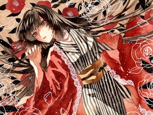 Preview wallpaper girl, kimono, flowers, snow, watercolor, anime