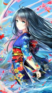 Preview wallpaper girl, kimono, flowers, wind, anime