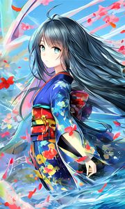 Preview wallpaper girl, kimono, flowers, wind, anime