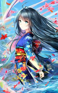 Preview wallpaper girl, kimono, flowers, wind, anime