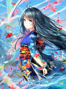 Preview wallpaper girl, kimono, flowers, wind, anime