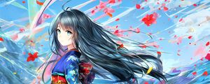 Preview wallpaper girl, kimono, flowers, wind, anime