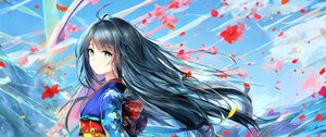 Preview wallpaper girl, kimono, flowers, wind, anime