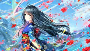 Preview wallpaper girl, kimono, flowers, wind, anime