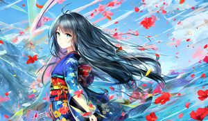 Preview wallpaper girl, kimono, flowers, wind, anime