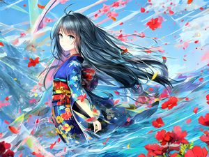 Preview wallpaper girl, kimono, flowers, wind, anime