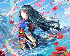 Preview wallpaper girl, kimono, flowers, wind, anime