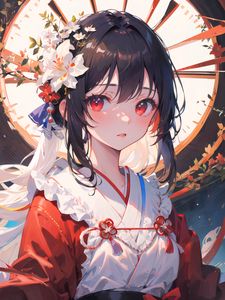 Preview wallpaper girl, kimono, flowers, window, anime