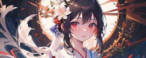 Preview wallpaper girl, kimono, flowers, window, anime