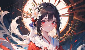 Preview wallpaper girl, kimono, flowers, window, anime