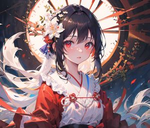 Preview wallpaper girl, kimono, flowers, window, anime