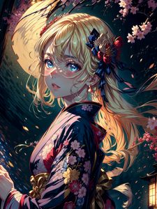 Preview wallpaper girl, kimono, flowers, hairpin, anime