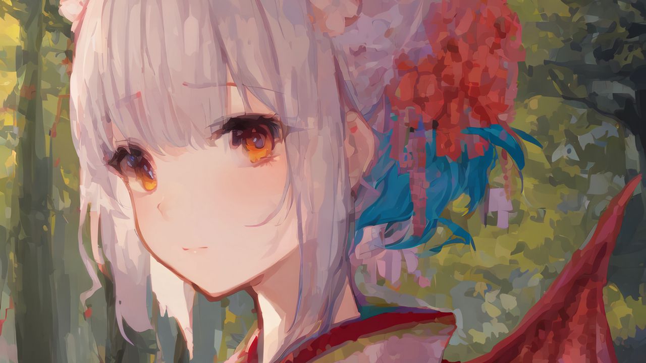 Wallpaper girl, kimono, flowers, paint, strokes, anime