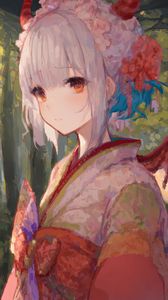 Preview wallpaper girl, kimono, flowers, paint, strokes, anime